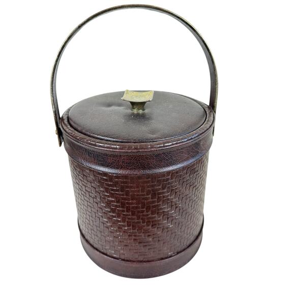 American Vintage Other - Vintage Brown Faux Leather Herringbone Textured Lidded Handled Ice Bucket